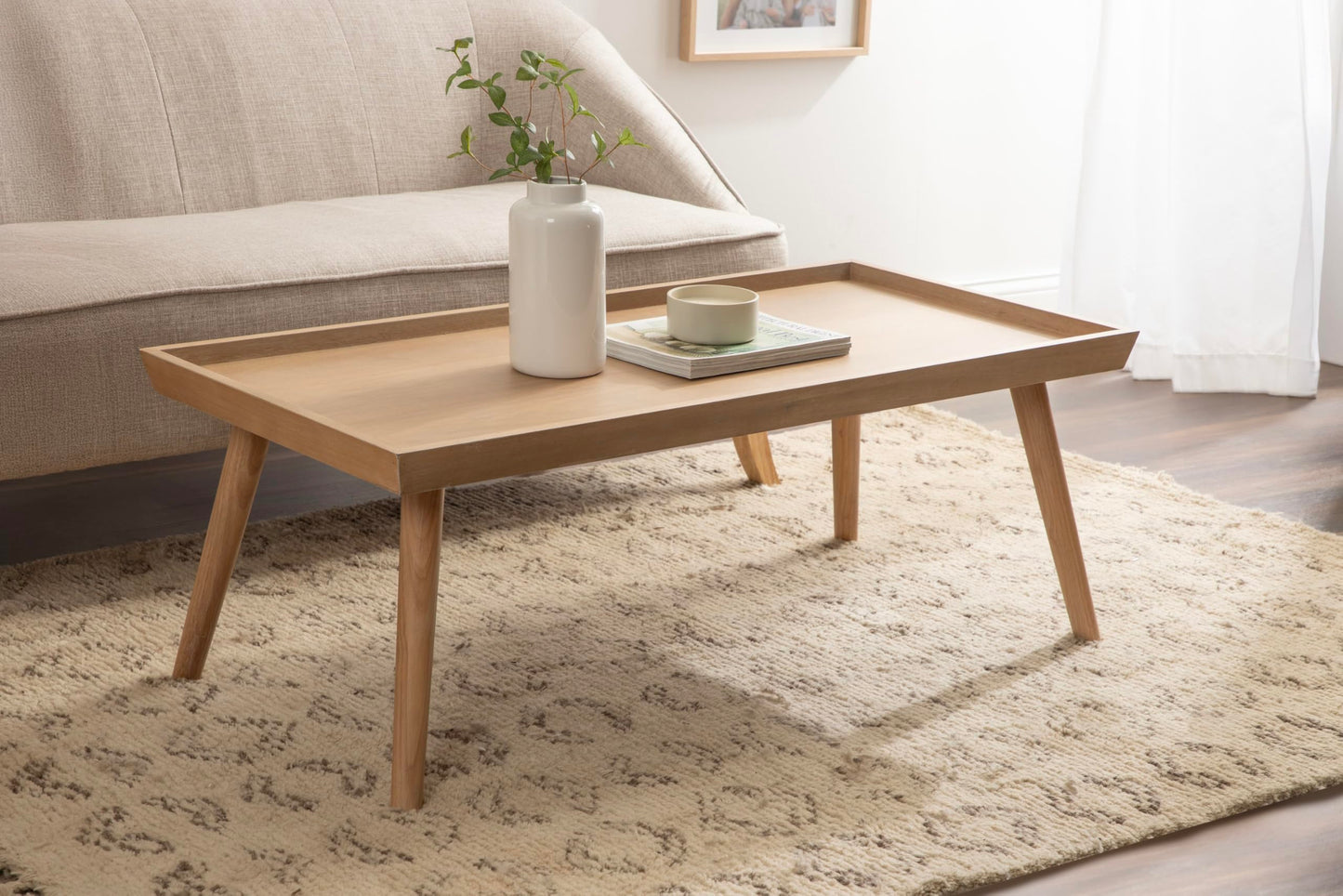 Kate and Laurel Eastmont Rectangle Wood Coffee Table; 46 x 22 x 17; Light Natural; Large Mid-Century Wooden Living Room Table with Stylish Tapered Legs and Adjustable Feet