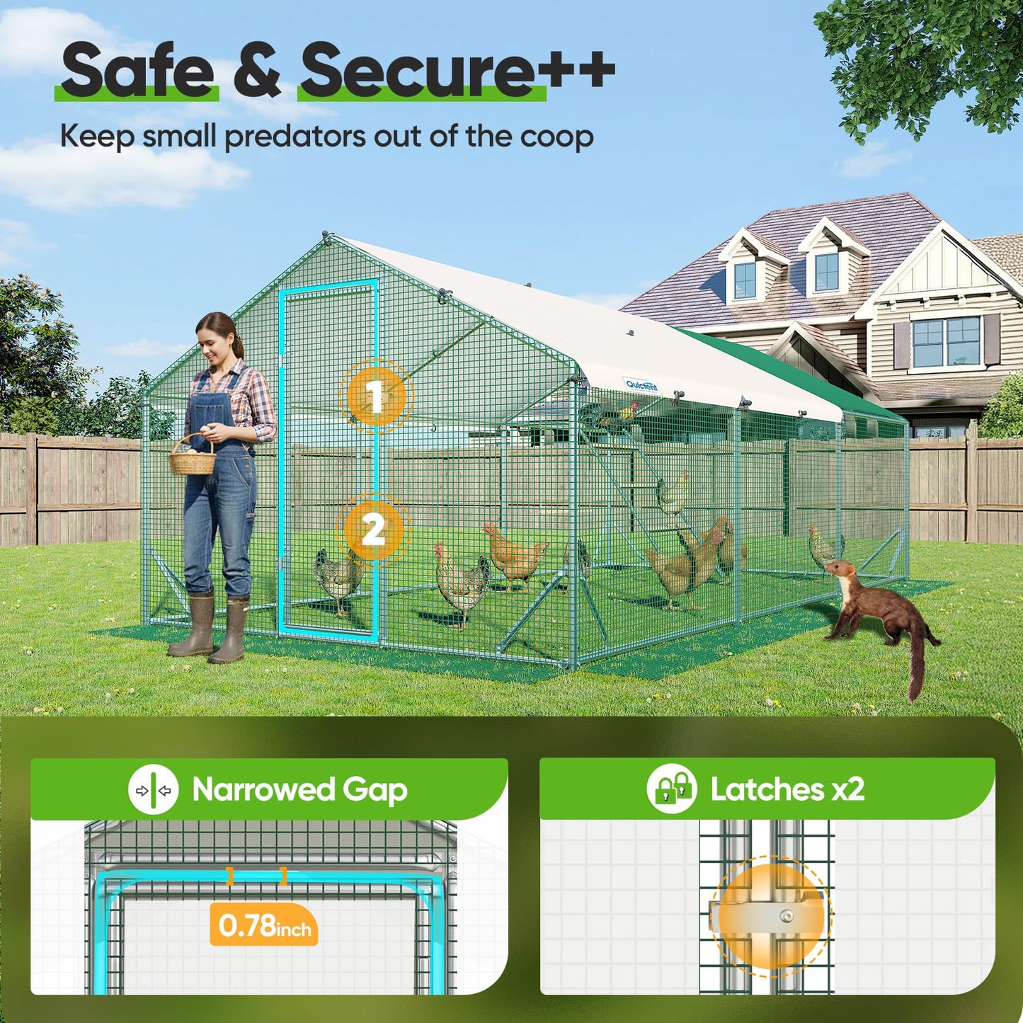 Quictent Large Metal Chicken Coop Run for 30+ Poultry with Metallic Perch, Side Hardware Cloth & Cover, Advanced Series Outdoor Walk-in Cage Hen Duck Rabbit Dog Pen Yard Farm House, 18x9x6.6FT