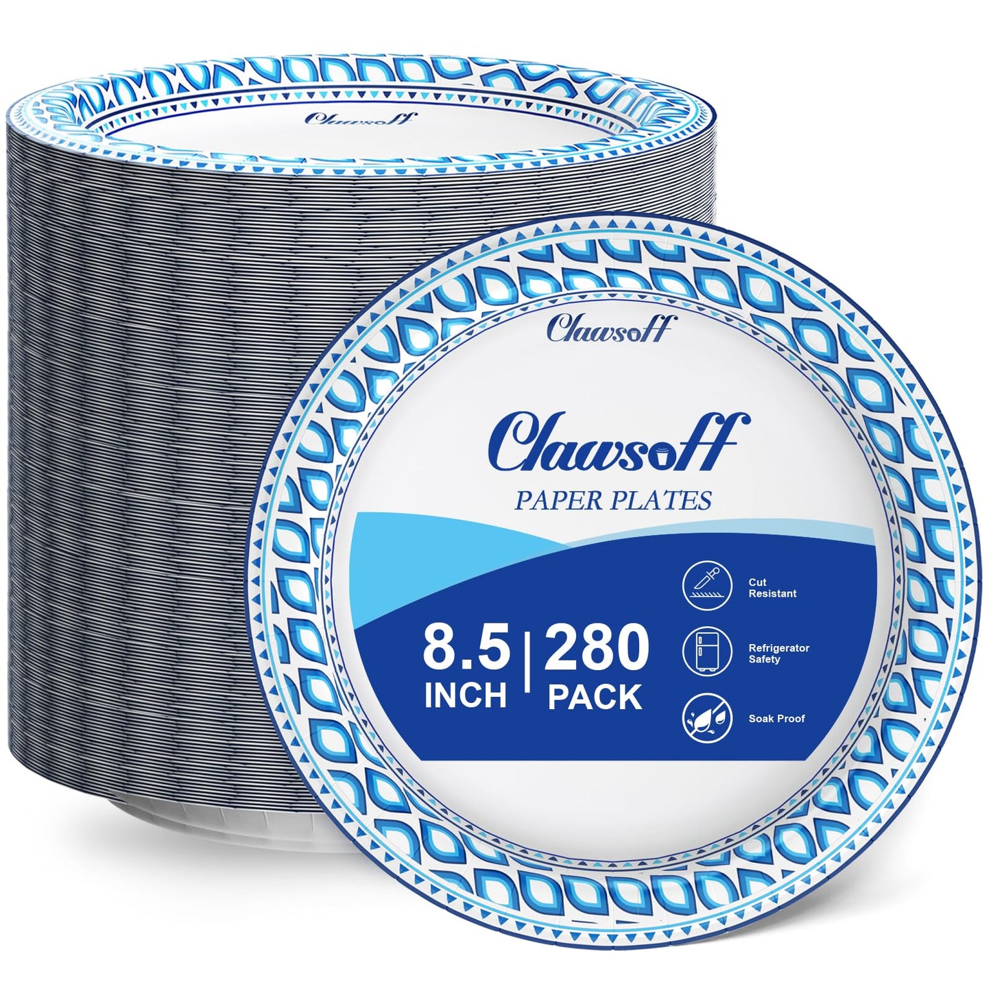 Clawsoff 8.5 Inch Paper Plates Bulk 280 Count, Cut Proof Heavy Duty Paper Plates, Soak Proof Dessert Plate, Disposable Dinner Plate for Party, Birthday and Picnic