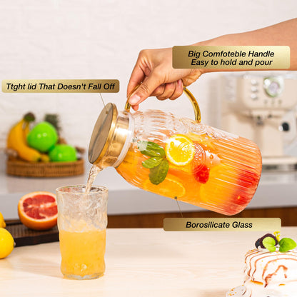 Amzcku Glass Pitcher with Lid, 68 oz/ 2 Liter Vintage Water Pitcher,Glass Water Carafe for Cold Brew, Coffee, Lemonade, Iced Tea,Beverage, Heat Resistant Water Glass Jug 1Pack