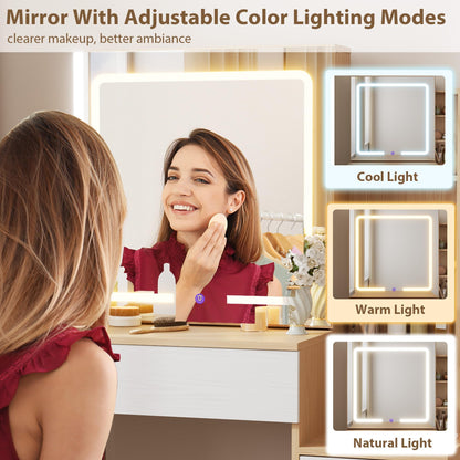 GarveeHome Makeup Vanity Desk with Sliding Mirror, Vanity Dressing Table with 3 Color Adjustable Lights, Girls Vanity Set with Stool, 4 Compact Vanity Drawers, Power Outlet, Natural