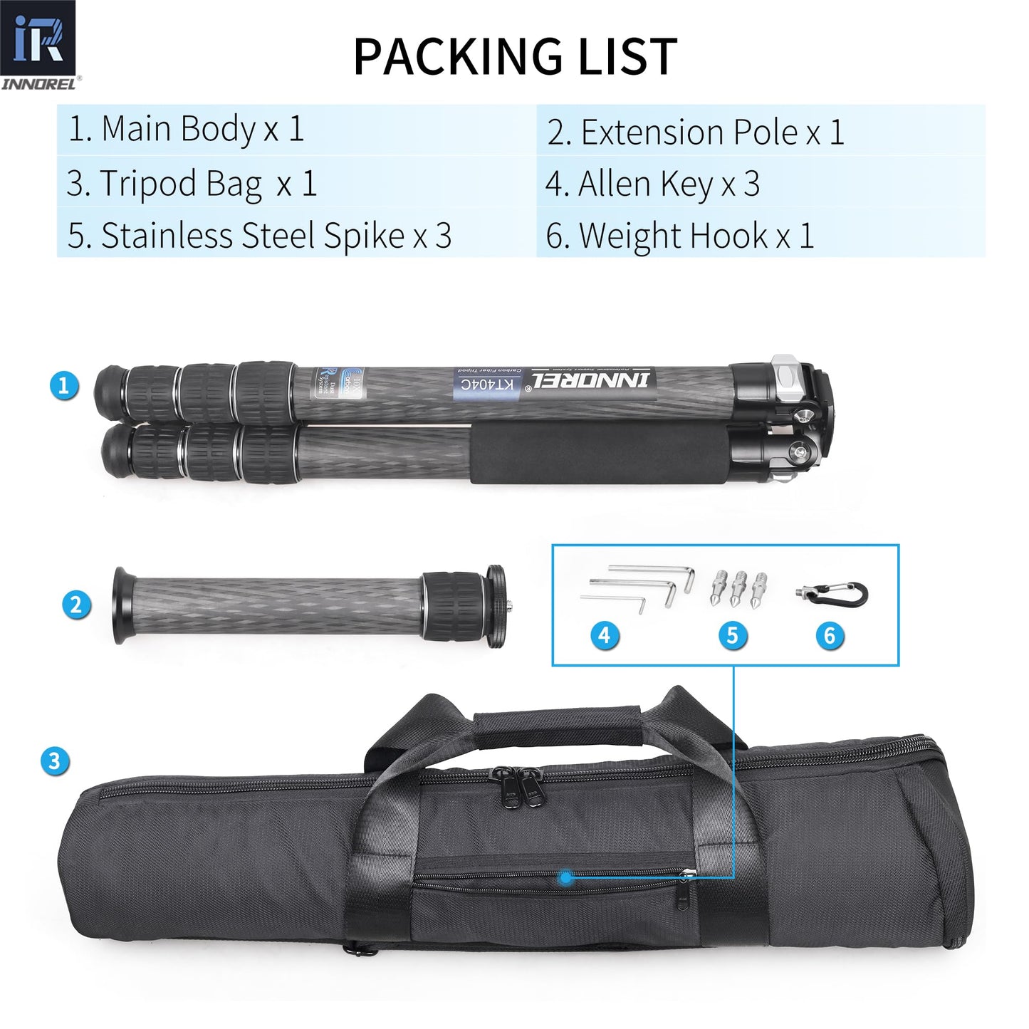 INNOREL KT404C Compact 10-Layer Carbon Fiber Camera Tripod 40mm Big Tube Professional Tripod for Digital DSLR Video Camcorder Heavy Duty Camera Stand Load 77lb/35kg with Center Column