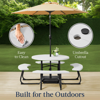 Best Choice Products 8-Person Outdoor Bench Patio Picnic Table, Circular w/ 4 Built-in Benches and Umbrella Hole, 2000lb Capacity - White
