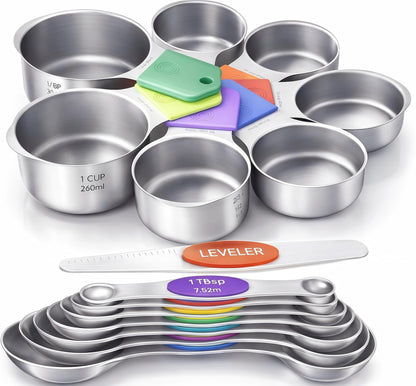 HOWGOODY Magnetic Measuring Cups and Spoons Set304 Stainless Steel Dual Scale Set of 15, Strong N52 Magnetic Nesting Design with Leveler, for Dry&Liquid Ingredients, Dishwasher Safe(Colorful)