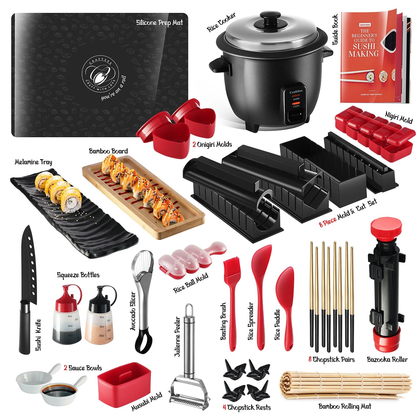 CraftZee All-Inclusive 𝗣𝗥𝗘𝗠𝗜𝗨𝗠 Sushi Making Kit for Beginners & Professionals - Sushi Maker with Rice Cooker, Reusable Chopsticks, Bazooka, Sushi Roller, Book - Sushi Kit for Family BPA-Free