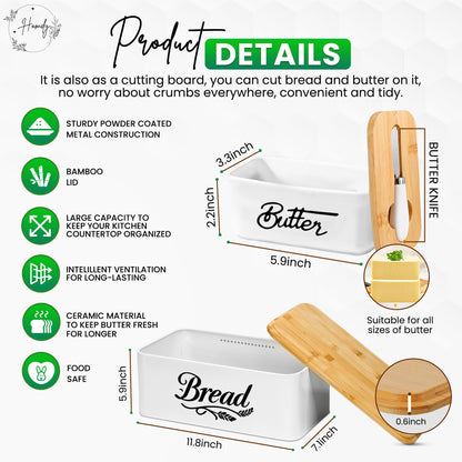 HOMDY, Bread Box for Kitchen Countertop, Bamboo Bread Bin with Cutting Board Lid, Ceramic Butter Dish with Lid & Knife, Bread Holder for Homemade Bread, Bread Storage, White Bread Box
