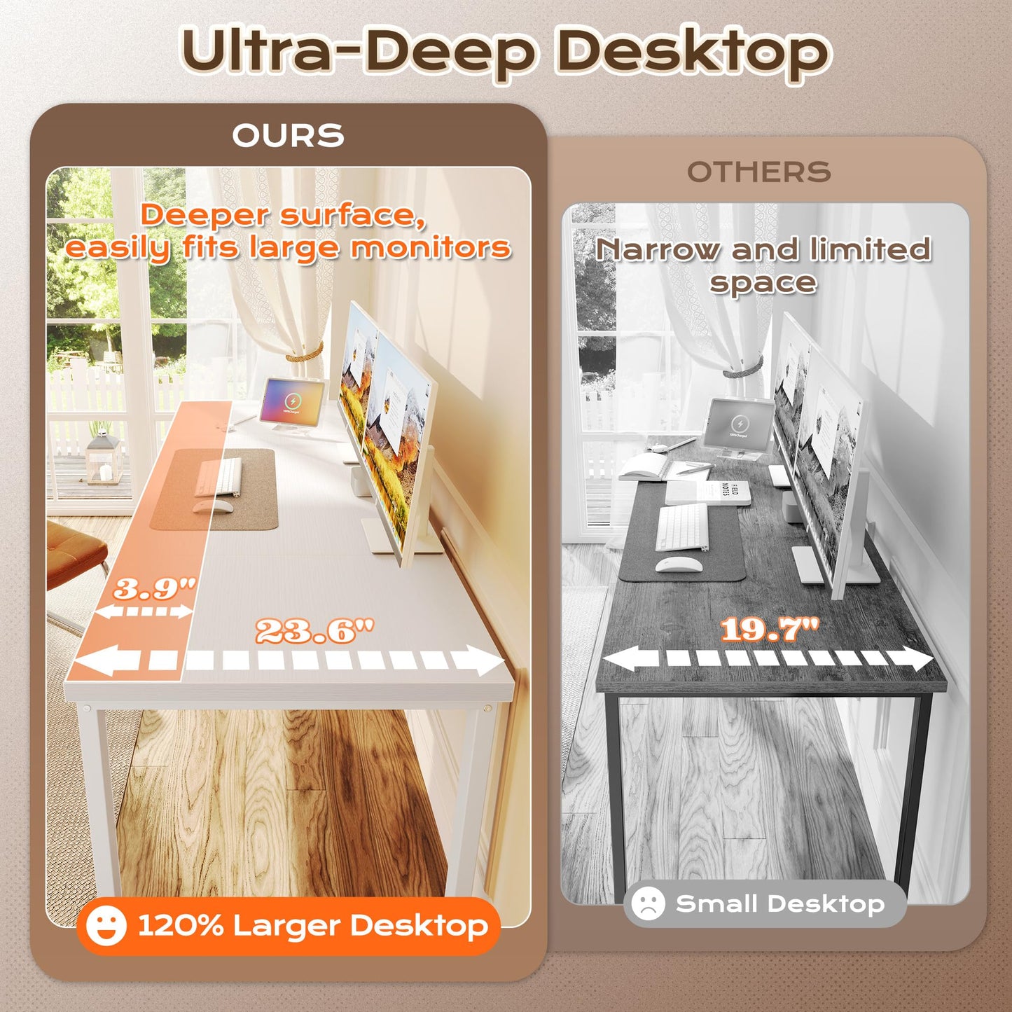 Huuger 63 x 24 inch Desk with Power Outlets & USB-C, Deeper & Thicker Desktop, Robust Metal Tubes, Computer Desk, Heavy Duty Office Desk, Work Gaming Desk, for Home Office, White