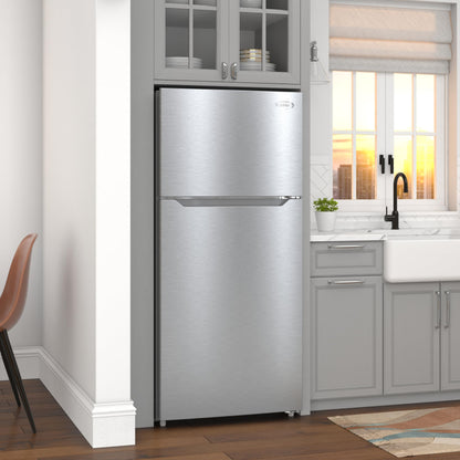 KoolMore 28 Inch 14 Cu Ft Top Freezer Refrigerator, Stainless Steel, Freestanding Full Size Fridge Freezer for Home Kitchen or Garage