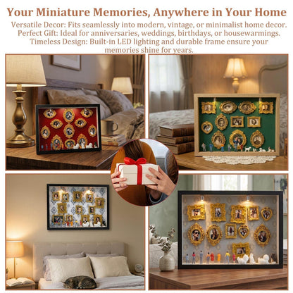 All-in-One DIY Shadow Box Kit,Mini Gold Frames with Museum of Figurines | LED-Illuminated Silhouette Box Memory Collage | Anniversary/Wedding Eco-Friendly Decor Gift (G Style)