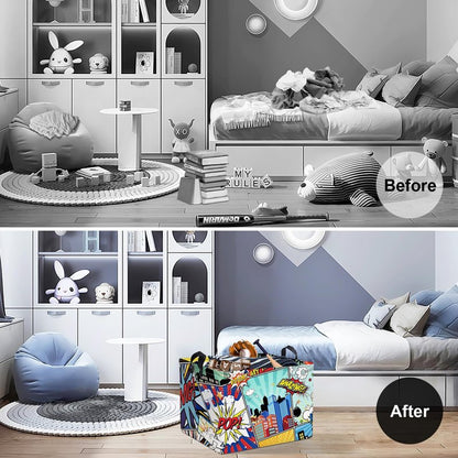 Clastyle 36L Rectangle Blue Comics Hero Kid Storage Basket Collapsible City Building Clothes Toy Nursery Bin Book Shelf Basket