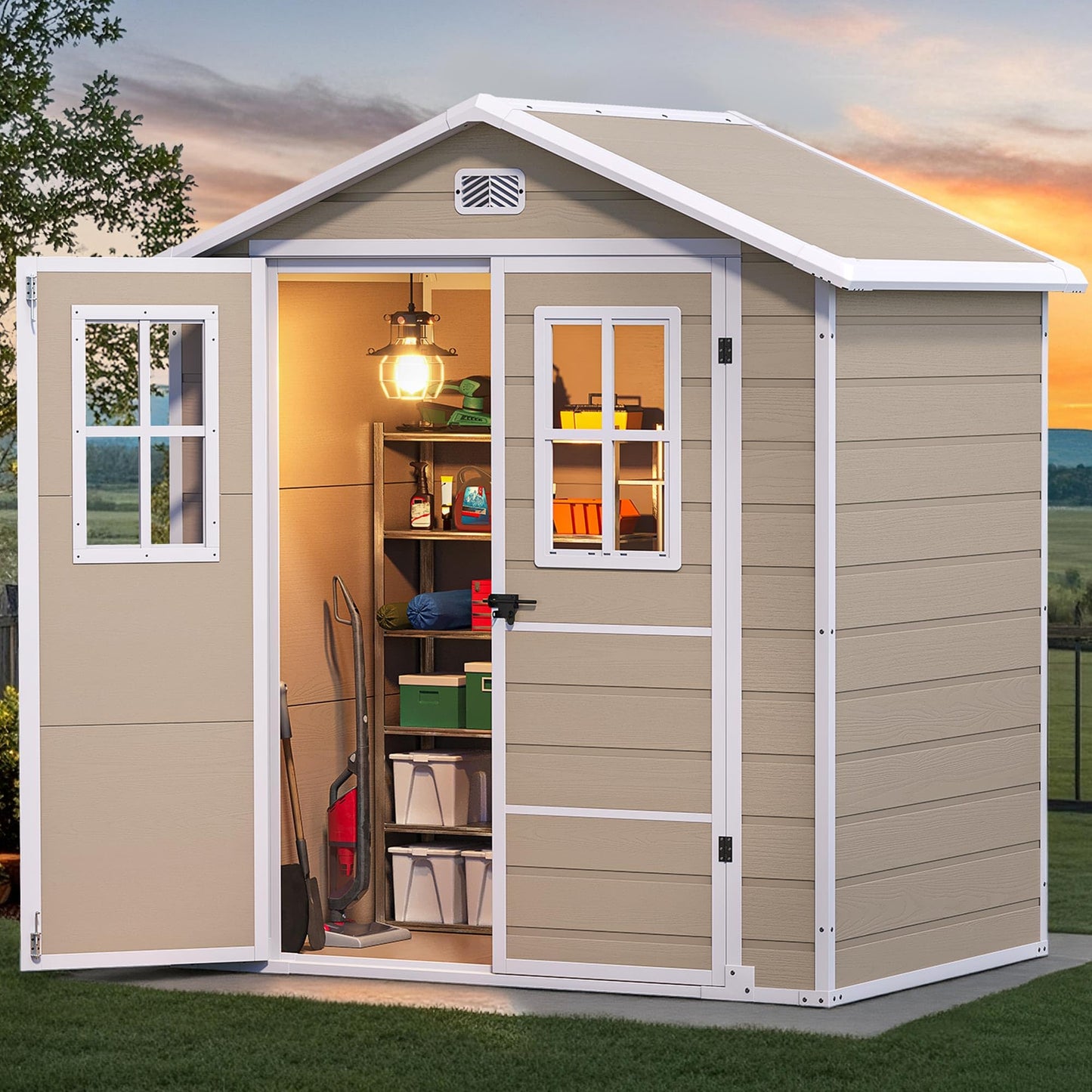 DWVO Outdoor Storage Shed 6x4.4ft Plastic Garden Tool Shed with 2 Vision Windows, Double-Wall Outside Shed for Mower Lawn, Garden Tool for Backyard Lawn Patio, Lockable