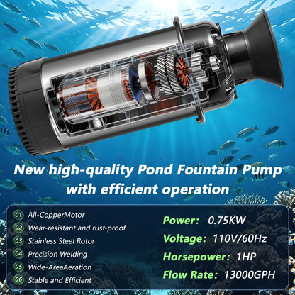Burnvale Pond Fountain Aerator, 1HP 110V 750W Floating Pond Fountain, With 100 FT Power Cord，Waterproof Timer，2x100 FT Traction Rope，Floating Water Fountains for Ponds