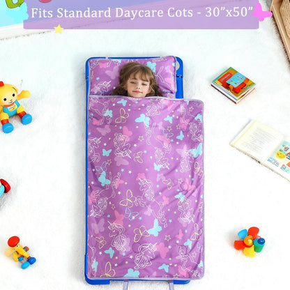 Toddler Nap Mat for Preschool 50''x30'' Sleeping Mat with Removable Pillow and Minky Blanket for Kids Ages 3-7 Roll Up Soft Sleeping Bag for Boys Girls Kindergarten Daycare Sleepover - Purple Unicorn