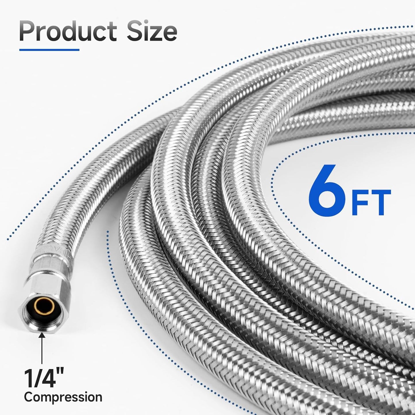 JUWO 6 FT Refrigerator Water Line, 1/4 Inch Compression Stainless Steel Hose Connector for Small Residences