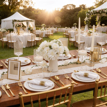 WDF Partyware 350Piece Gold Dinnerware Set for 50 Guests - Gold Plastic Plates with Disposable Cutlery - 50Dinner Plates-50Dessert Plates-50Pre Rolled Napkins with Silverware for Wedding/Mother's Day