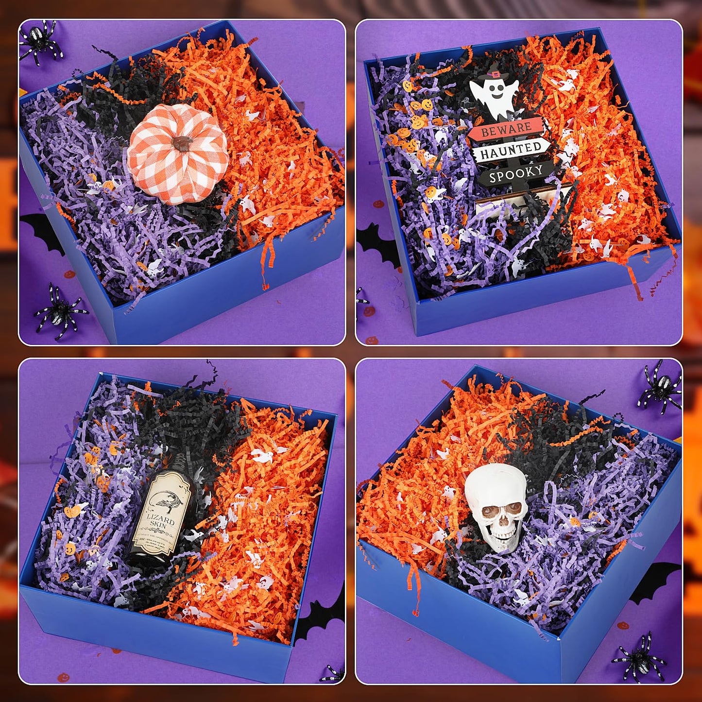 FOIMAS Halloween Crinkle Cut Paper,9.87oz Black Orange Purple Shred Raffia Paper with Pumpkin Ghost Confetti for Trick or Treat Halloween Bakset Gift Packaging Supply