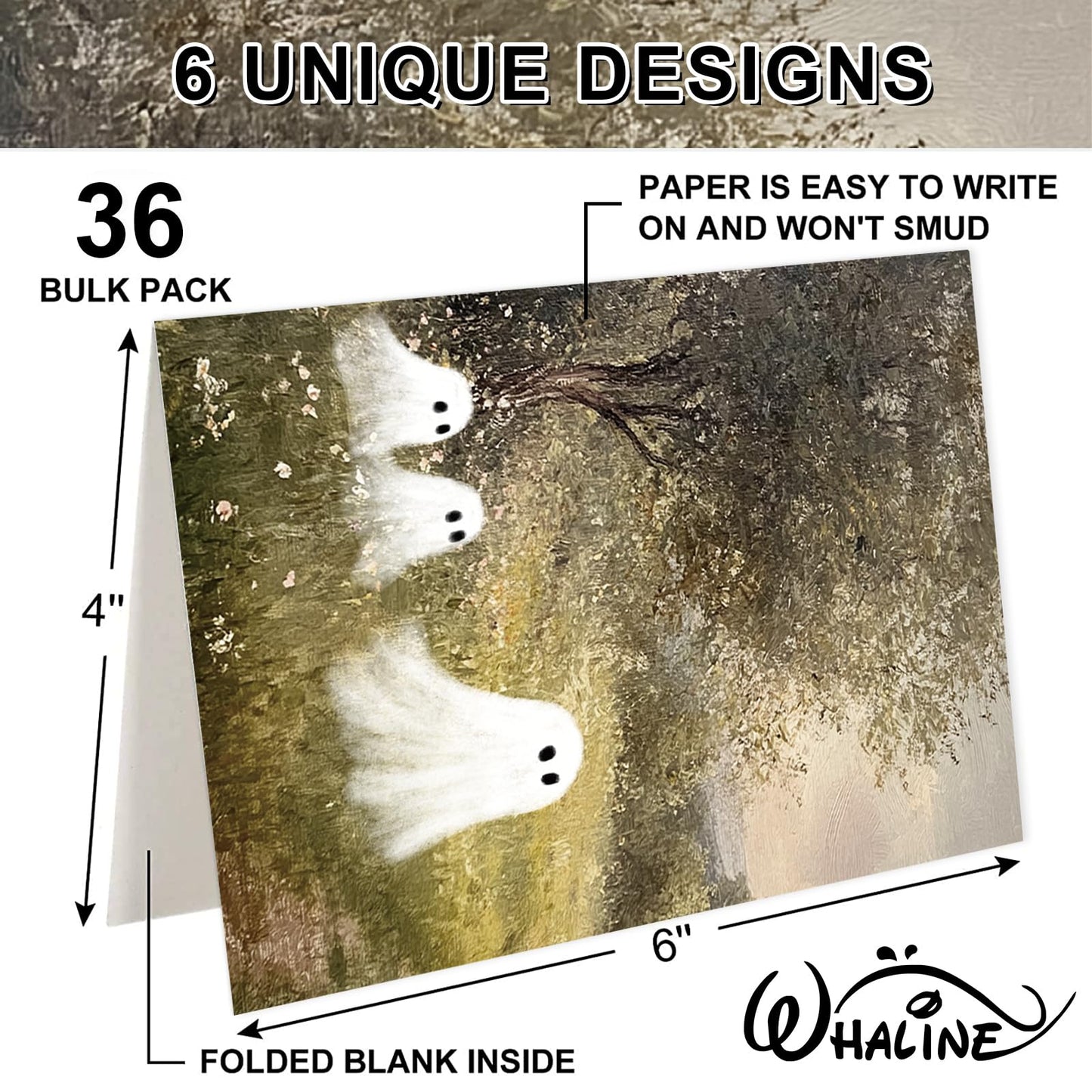 Whaline 36 Pack Halloween Cards Cute Ghost in Nature Greeting Cards with Envelopes Stickers Glue Stick Blank Note Card for Party Invitations, 4 x 6 Inch