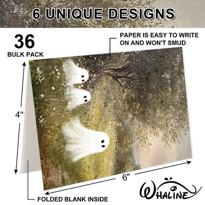 Whaline 36 Pack Halloween Cards Cute Ghost in Nature Greeting Cards with Envelopes Stickers Glue Stick Blank Note Card for Party Invitations, 4 x 6 Inch