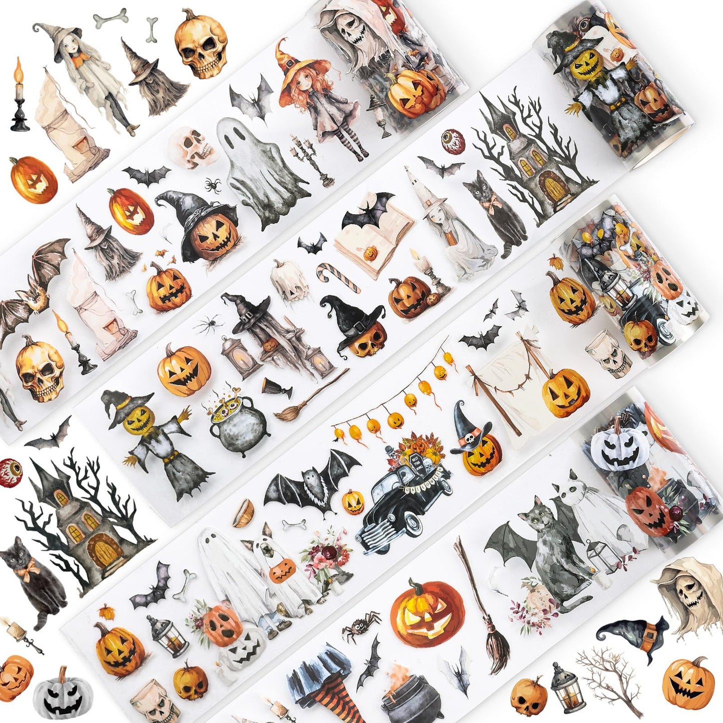 JarThenaAMCS 39.2 Ft Halloween PET Washi Tape 4 Rolls Pumpkin Ghost Witch Bats Transparent Adhesive Masking Tape for Cut & Use as Halloween Stickers Scrapbook Journal DIY Crafts Wrapping