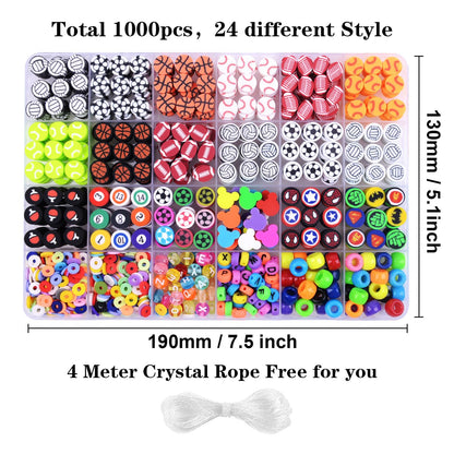 1000PCS Polymer Clay Beads Bracelet Making kit, 24 Style Cute Fun Beads Sports Ball Volleyball Softball Baseball Basketball Soccer Rugby Football Charms for Jewelry Making DIY for Women Girls