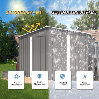 Vigo huseeo 10x8x6.4FT Outdoor Storage Shed, Galvanized Steel Garden Shed with Lockable Door & Window, Waterproof Metal Tool Storage for Garden, Backyard, Patio, Lawn(Grey)