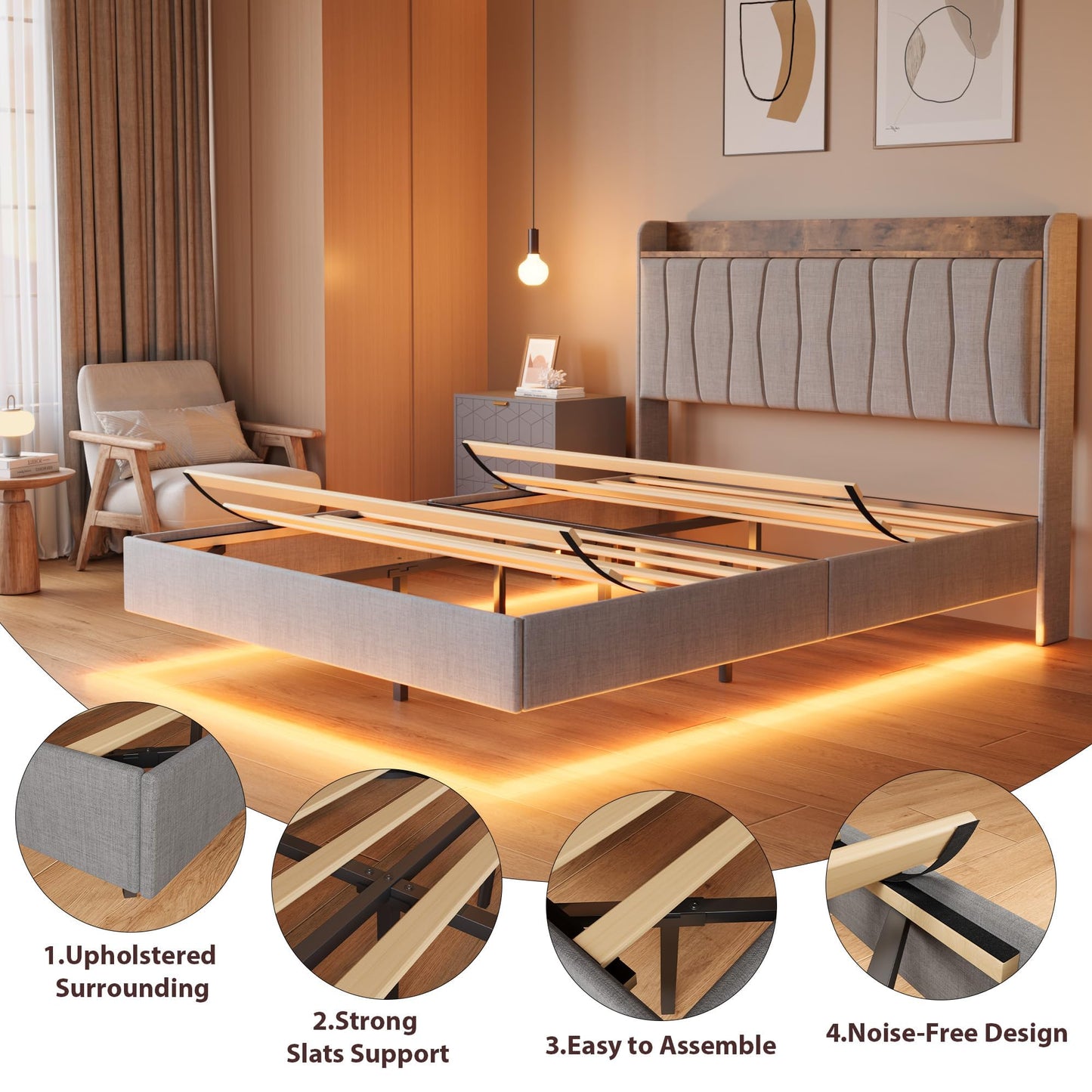 GarveeHome Floating Bed Frame Full with LED Lights & USB Charging Station – Modern Upholstered Platform Bed with Headboard, Solid Wood Slats Support, No Box Spring, Easy Assembly, Noise-Free, Grey