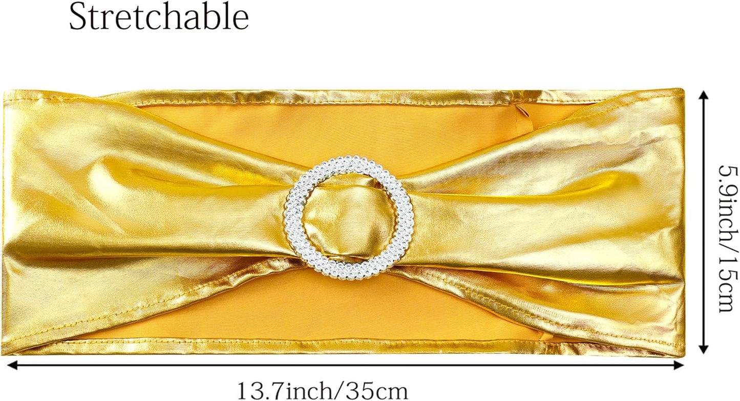 Skiennix Spandex Gold Chair Sashes - Pack of 50 for Weddings, Parties & Events | Elegant Metal Bow Design