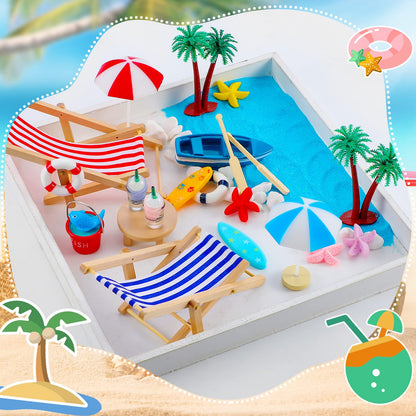 Minatee 25 Pcs Beach Miniature Dollhouse Decoration, Umbrella Palm Chair Miniature Toys Garden Dollhouse Outdoor Accessories Beach Decorations for DIY Garden Plant Pool(Red, Blue)