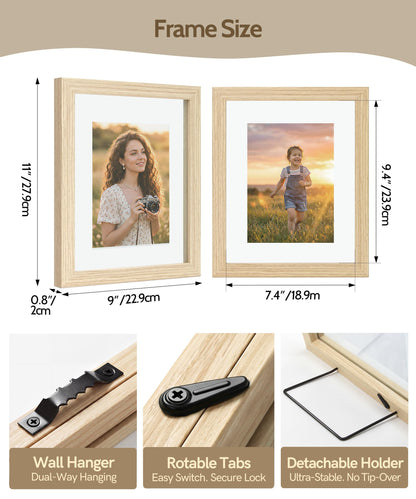 Sonefreiy Floating Picture Frames 8x10 Set of 2, Wooden Photo Frame Double Glass Pressed Flower Frames 5x7 Wall and Tabletop Display Gift for Family Friends Wedding