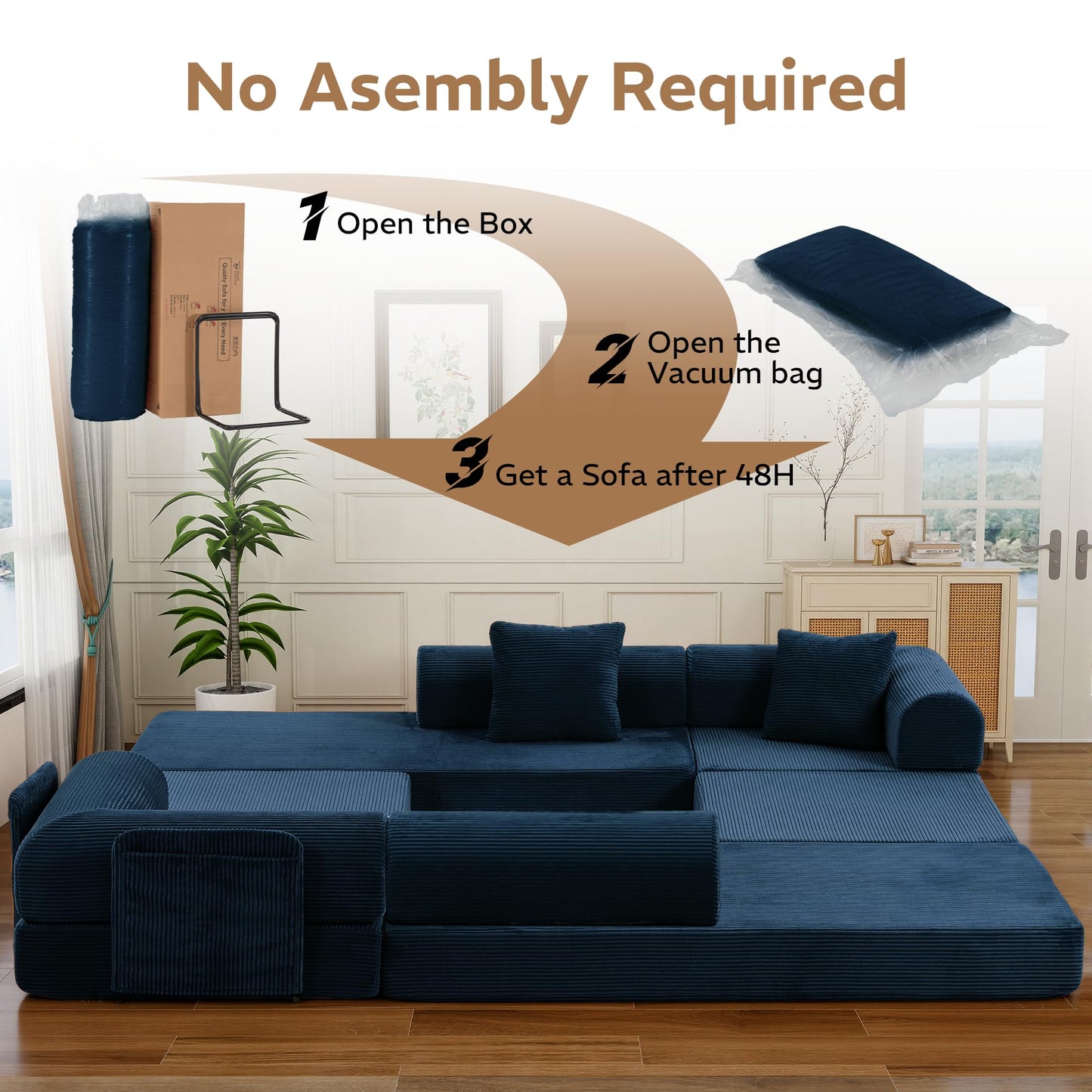 Trygoal 142" Oversized Modular Sectional Sofa Bed, 7-in-1 Convertible Corduroy Cloud Couch with Storage Bag & Reinforced Frame, Deep Seat Sectional Couches for Living Room, Tool-Free Assembly, Blue