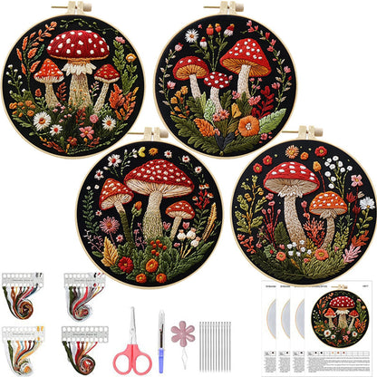 SCECALA 4 Pack Mushroom Embroidery Kit - Botanical Flower Floral Hand Embroidery Kit for Beginners with Pattern, Complete Cross Stitch Supplies DIY Craft for Adults Sewing Hobby, 1pc Hoops
