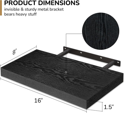 16 Inch 2 Pack, Fun Memories Floating Shelves - Deep Rustic Black Wooden Wall Shelves - Extra Deeper & Thicker Wall