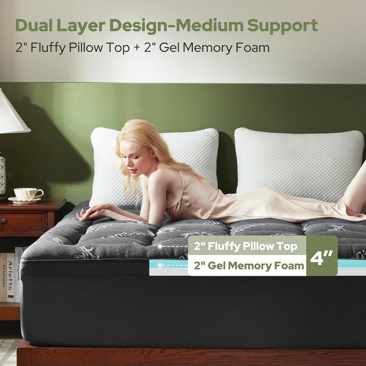 BEDLORE Memory Foam Mattress Topper - 4 Inch Dual Layer Design for Pressure Relief | Queen Size, Dark Gray
