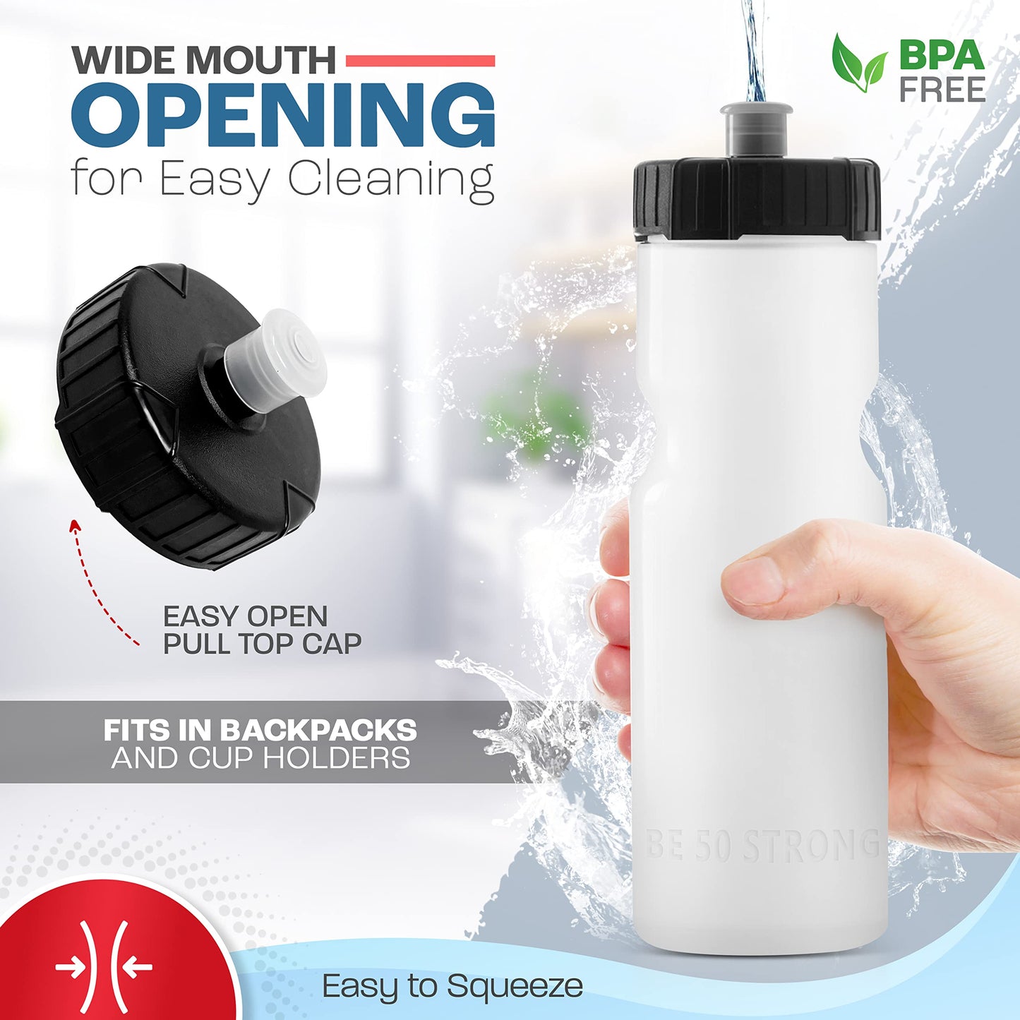 50 Strong Bulk Water Bottles 24-Pack – 22 oz BPA-Free Sports Bottles with Easy-Open Pull Top Cap – Made in USA – Reusable & Top Rack Dishwasher Safe Brand