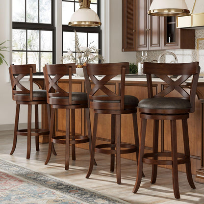 Sophia & William Swivel Bar Stools Set of 4, 30 Inch Bar Height Barstools with Cross Back & Solid Wood Legs,Faux Leather Kitchen Stools, Brown