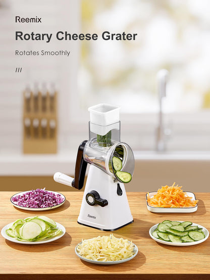 Rotary Cheese Grater with Handle, Reemix Vegetable Cheese Shredder Slicer Grater for Kitchen 3 Changeable Blades for Cheese Potato Zucchini Nuts Chocolate (White)
