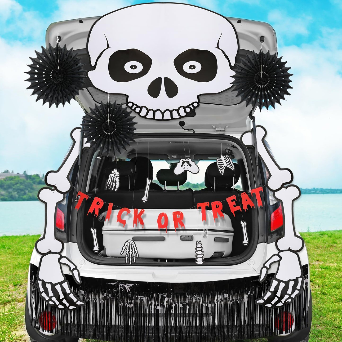 Yeaqee 32 Pcs Halloween Trunk or Treat Car Decorations Kit Skeleton Trunk or Treat Decorating Kit for Halloween Party Car SUV Decor