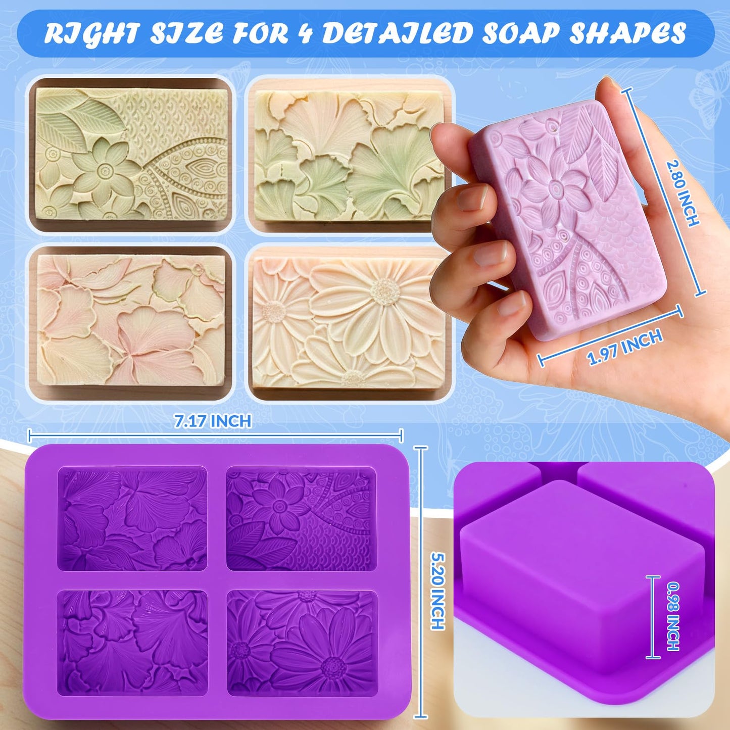 HKNMTT Silicone Square Rectangle Bar Molds Leaf Flower Pattern, 8 Cavities for Candy Soap Making Shower Steamer Homemade Bath Lotion Shampoo Bar DIY Set Non-stick Craft Food Grade 2 Pack
