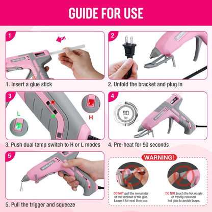 WORKPRO Hot Glue Gun Full Size - 60/100W Dual Temp Glue Gun and Sticks Set with 10 PCS Glue Sticks (7/16") - 90S Fast Preheating Hot Glue Gun for Construction, Crafting, DIY and Repairs - Pink Ribbon