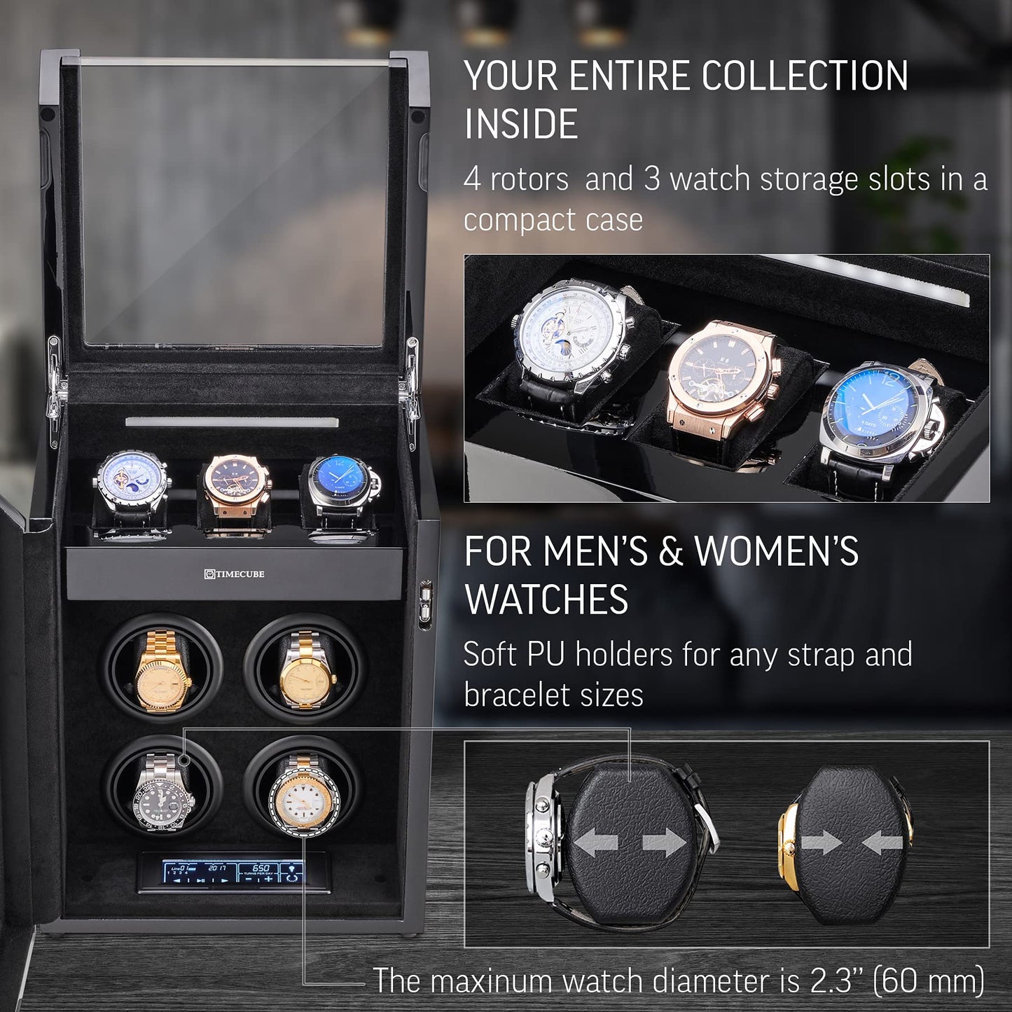 TIMECUBE Watch Winder for 4 Watches with 15 Winding Programs and 3 Watch Storage Slots (Black)
