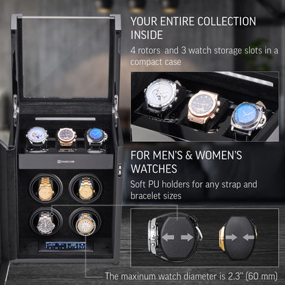 TIMECUBE Watch Winder for 4 Watches with 15 Winding Programs and 3 Watch Storage Slots (Black)