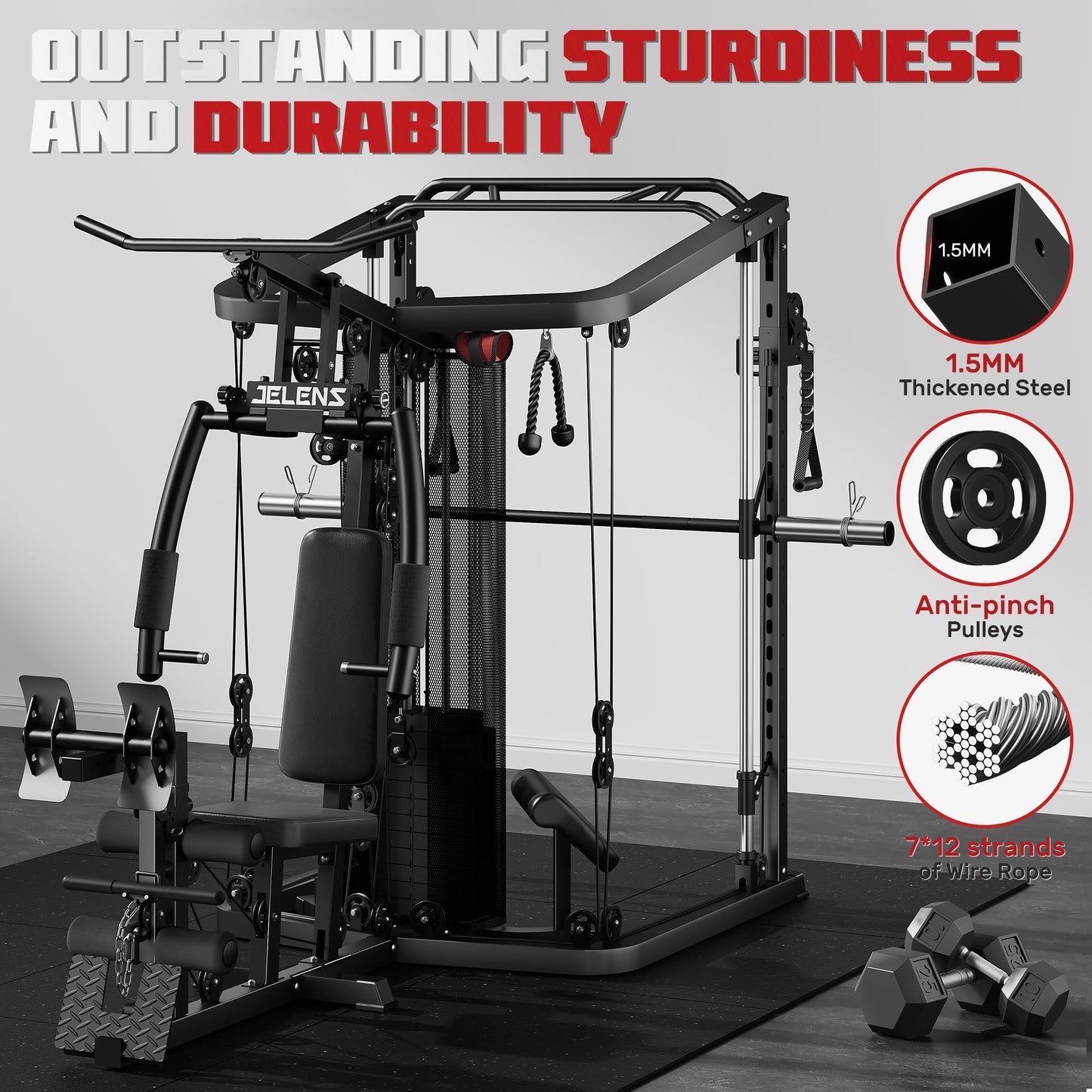 JELENS Home Gym System, 150LB Weight Stack Smith Machine with LAT Pull-Down & Leg Press, All-in-One Strength Training Equipment, Workout Station for Workout (Black, Classical Package)