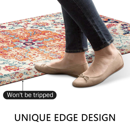 MAYHMYO Boho Kitchen Mat Anti Fatigue Ethnic Kitchen Cushioned Floor Mat Orange Blue Kitchen Rugs Non Slip Cool Rugs for Kitchen Office