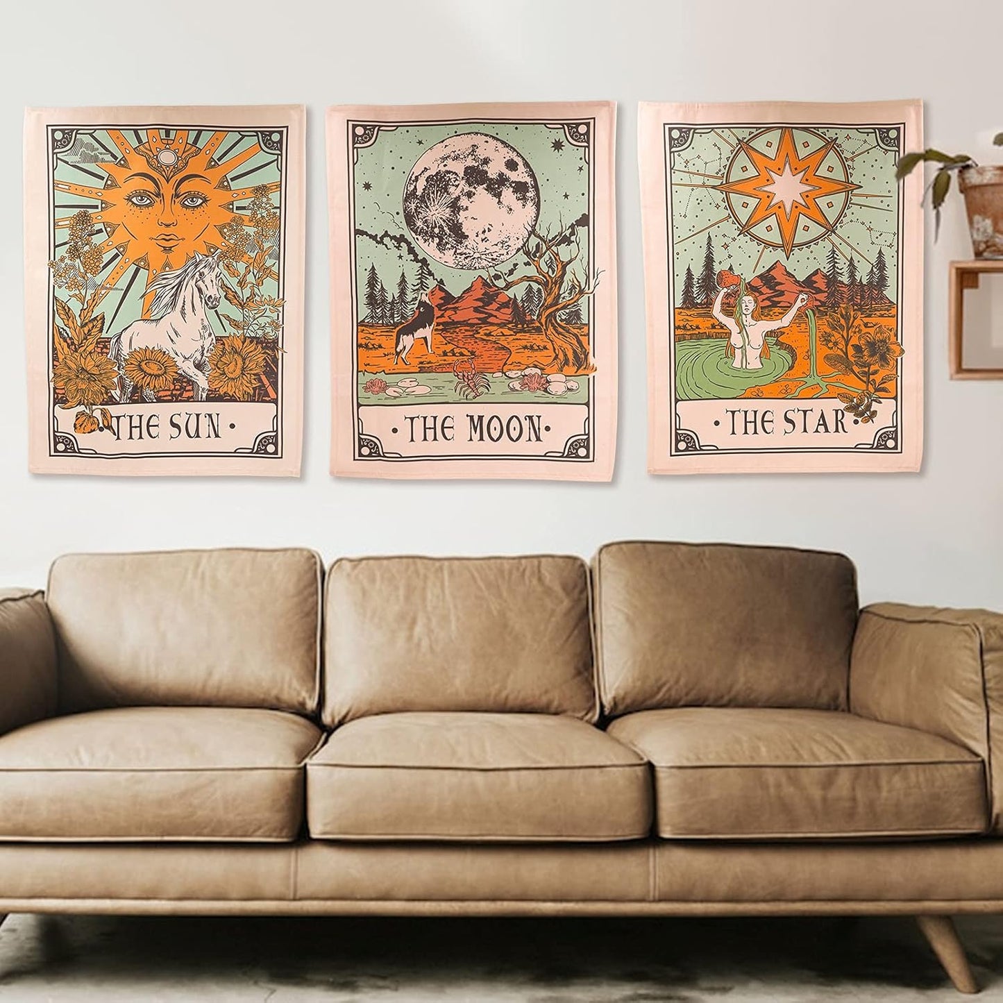 Accnicc 3 Pack Tarot Tapestry - Sun Moon and Star Wall Hanging, Vintage Aesthetic for Room (Brown, 15'' × 20'')