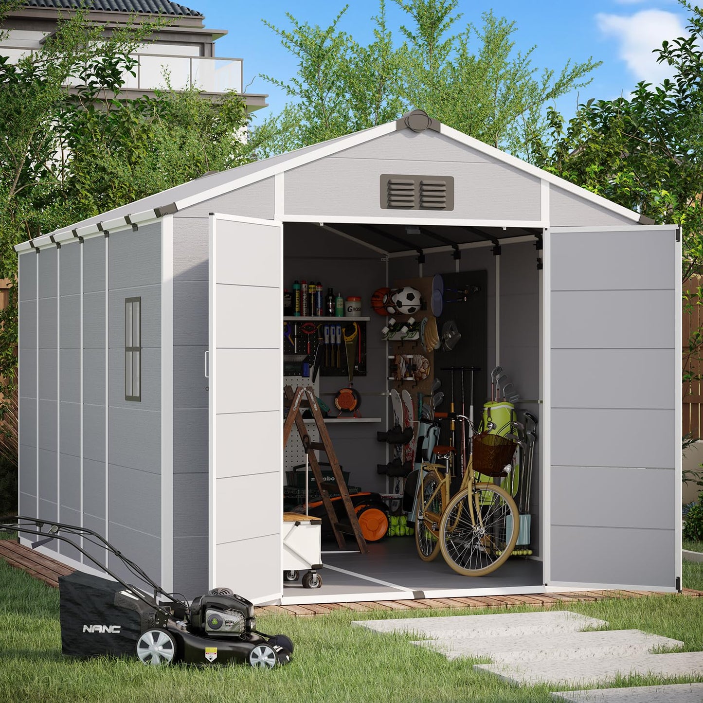 DNYKER 8 x 12 FT Plastic Tool Shed, Plastic Garden Shed with Floor, Lockable Doors & Windows, Resin Outdoor Storage Shed for Backyard, Patio, Poolside