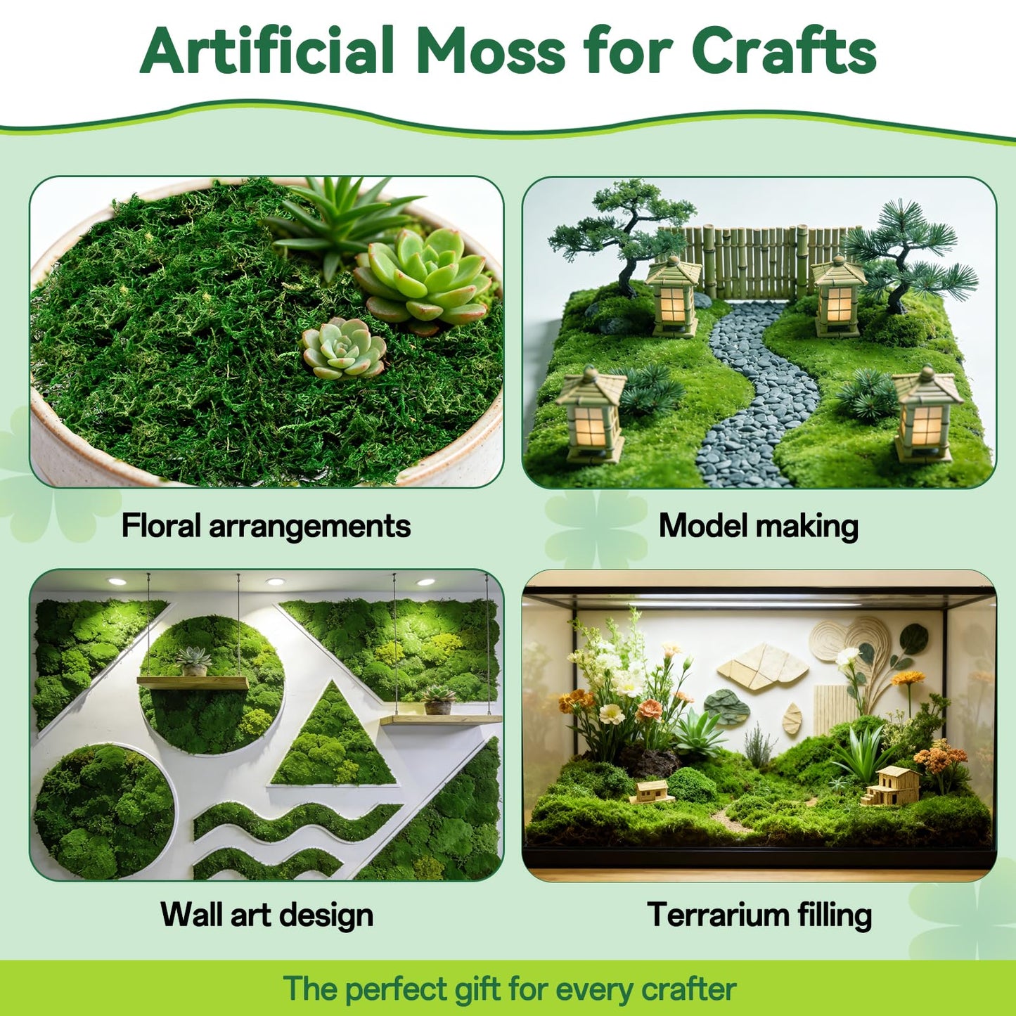 ZeeDix 8 oz Fake Green Moss for Crafts, Artificial Moss for Indoor Potted Plants, Decorative Moss for Table Centerpieces, DIY Projects, Fairy Garden, Wedding & Christmas Party Decor