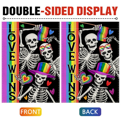 Dyrenson Pride Love Wins Rainbow Gothic Skeleton 28 x 40 House Flag Double Sided, Skull LGBTQ Gay Lesbian Garden Yard Decoration, LGBT Bisexual Pansexual Burlap Outdoor Decor Decorative Large Flag