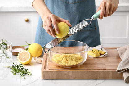 Spring Chef Stainless Steel Lemon Zester Grater with Handle - Garlic, Cheese, Parmesan, Nutmeg, Lime, Ginger Grater - Heavy Duty Kitchen Tool - Citrus Zester with Blade Cover - Fine Shred - Mint