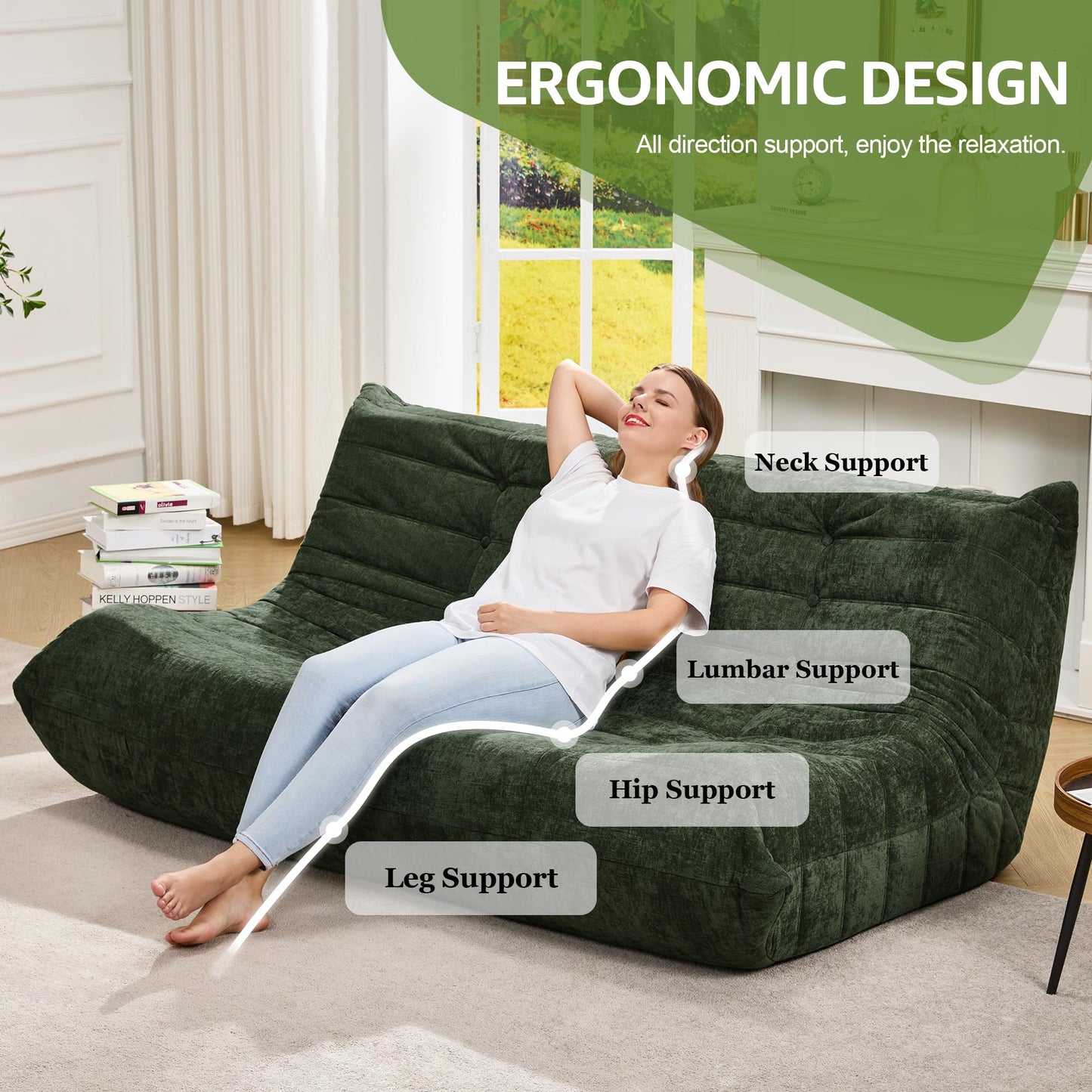 Bean Bag Chairs for Adults Giant Bean Bag Chair Memory Foam BeanBag Chair Bean Bag Sofa with Filler Faux Fur Fireside Beanbags Lazy Sofa for Living Room Bedroom Office (Green Chenille, 3-Seater)