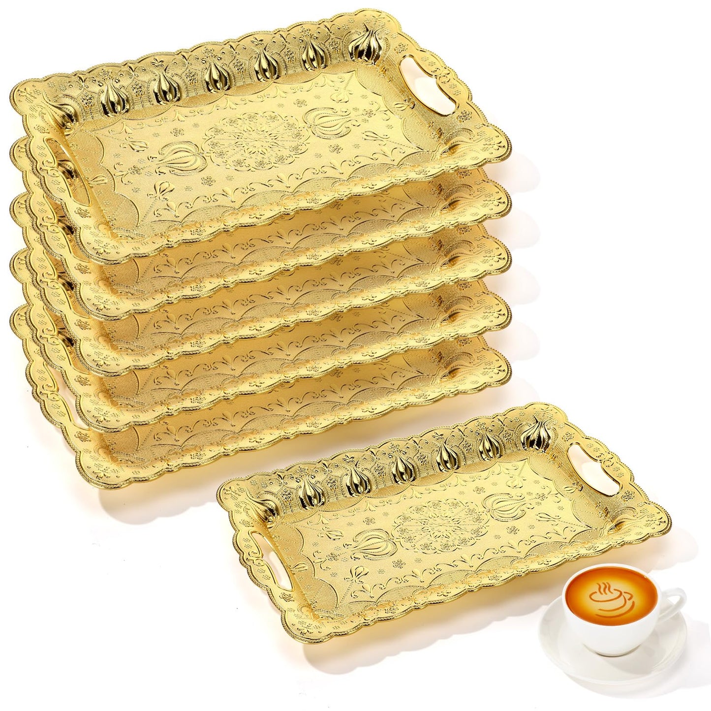 LemonRoad 6 Packs Plastic Gold Serving Trays with Handles 17 x 11 inch Retro 3D Embossed Rectangle Reusable Party Snack Decorative Serving Trays for Tea Coffee Fruit Dessert